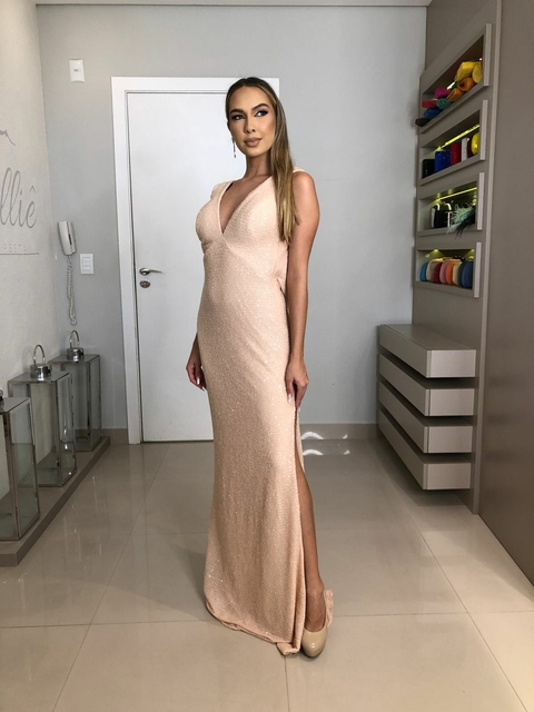 VESTIDO SALMÃO/NUDE PAETÊ DECOTE COSTAS na internet