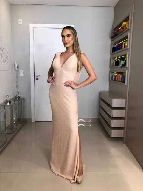VESTIDO SALMÃO/NUDE PAETÊ DECOTE COSTAS
