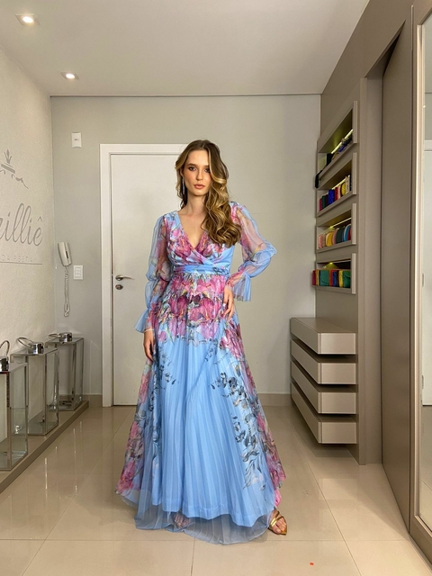 VESTIDO TULE AZUL FLORAL MANGA LONGA