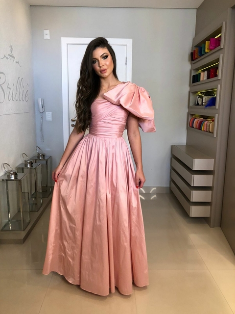 VESTIDO ROSA TAFETÁ LAÇO OMBRO