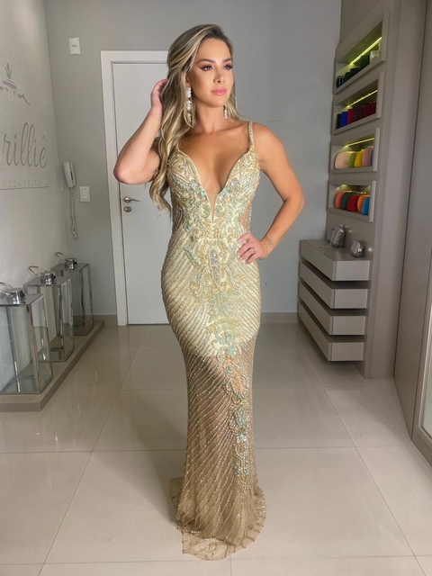 VESTIDOLONGO BORDADO NUDE E TIFANY COM FUNDO CURTO