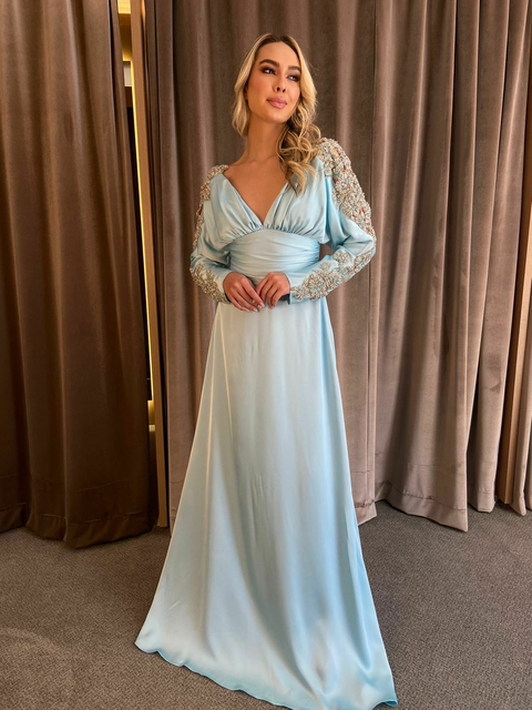 VESTIDO AZUL SERENITY MANGA LONGA BORDADA