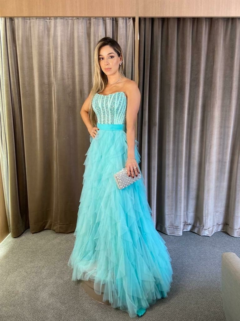 VESTIDO VERDE TIFANY CORSET BORDADO SAIA TULE