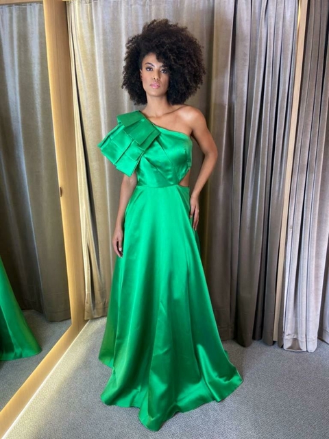 VESTIDO VERDE OMBRO ÍNICO ALFAIATARIA