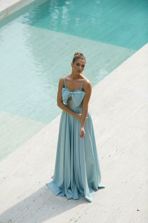 VESTIDO AZUL SERENITY LAÇO BUSTO BORDADO CINTURA