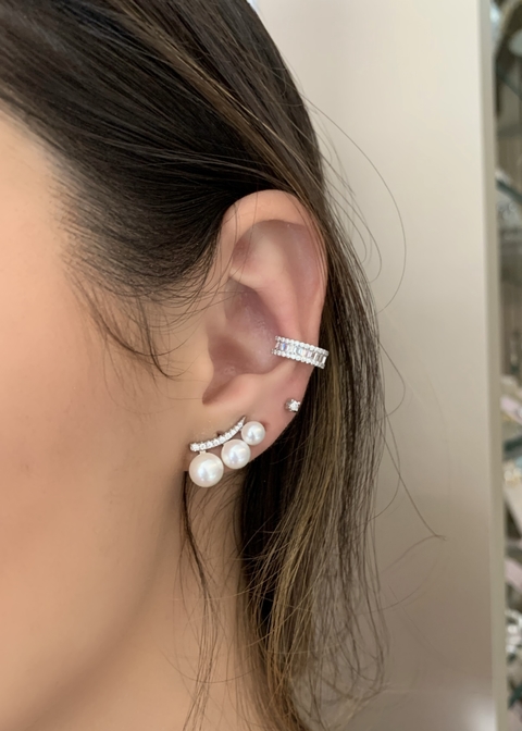 Brinco ear cuff prata 925 com pérolas e zircônias