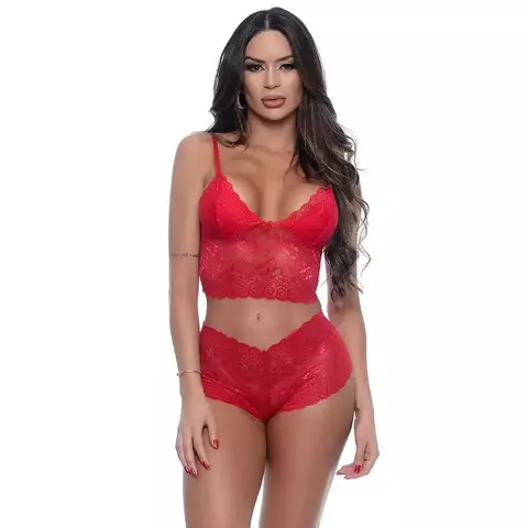 Conjunto Cropped e Calesson VINHO em Renda Sem Bojo Hot Love