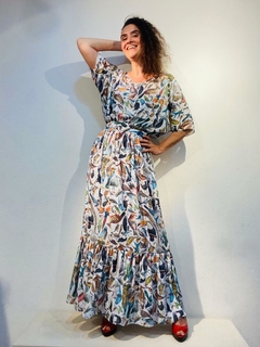 Vestido Morcego Saia Babado Crepe Passaros - ALESSA