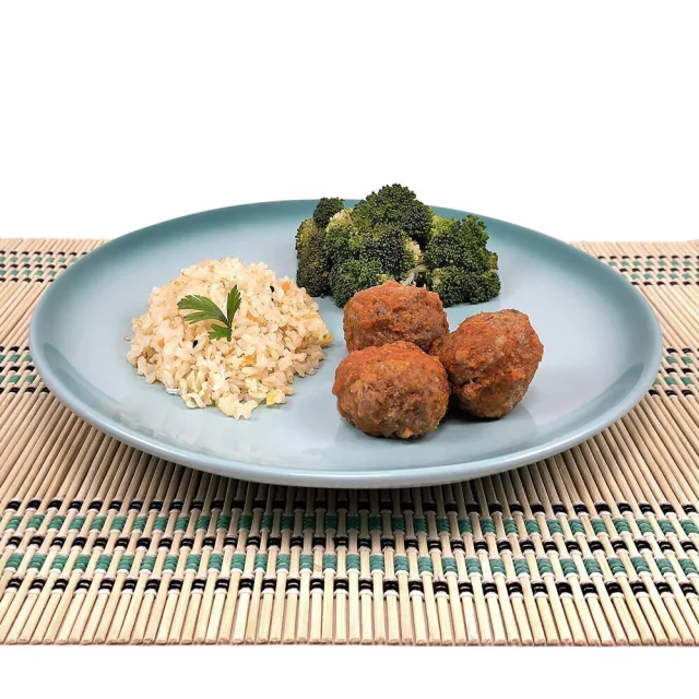 Almôndegas com Arroz Integral e Brócolis no Vapor (250g) Almôndegas com Arroz Integral e Brócolis no Vapor (250g)