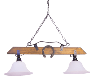 COLGANTES MADERA 2 LUCES RECTO CON HERRADURAS y tulipas tipo campana party de 25cm