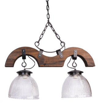 COLGANTE MADERA 2 LUCES CAPILLA CON HERRAJES y tulipas de 20cm