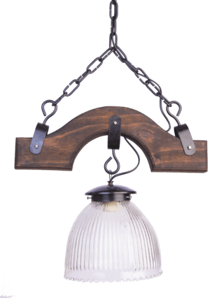 COLGANTE DE MADERA CAPILLA 1 LUZ CON HERRAJES y tulipa de 20cm