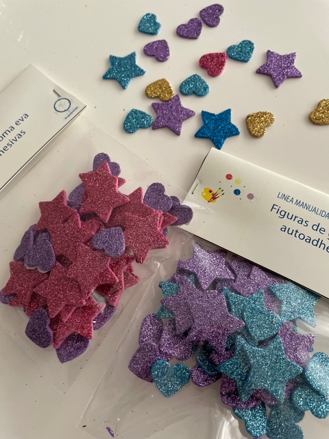 Figuras de Goma eva glitter estrellas y corazones