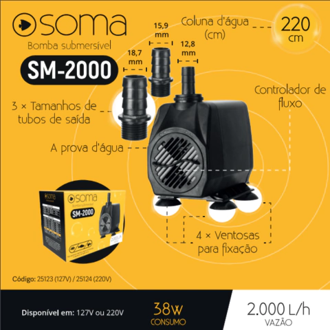 Bomba Submersa Soma Aquários SM-2000 ( 2000L/H) - 127V