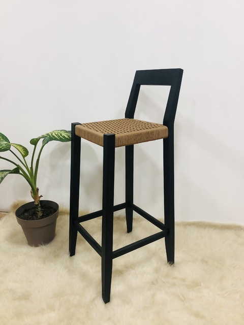 Taburete Laqueado Negro Tejido Con Cabo Nautico