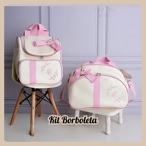 Kit Bolsa Maternidade Mala e Mochila 2 em 1 Borboletas Bege EB