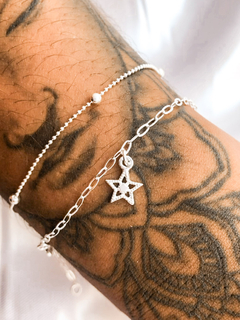 KIT 2 PULSEIRAS PRATA 925 - PINGENTES ESTRELA E CORAÇÃO E BOLINHA DIAMANTADA - MIX PULSEIRAS - comprar online