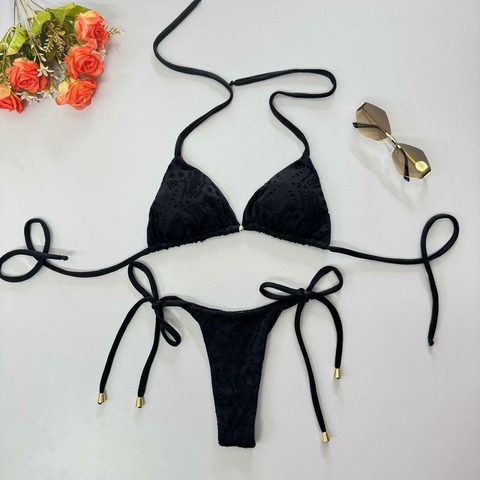 Biquíni Fio Dental Preto com Textura em Malha