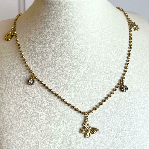 COLLAR CADENA DE BOLITAS DIJES SOL Y MARIPOSA ZIRCONIAS