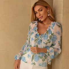 BLUSA FLORAL MG LONGA C/ BABADINHOS - loja online