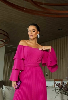 Vestido Longo Ombro A Ombro Babados Na Manga