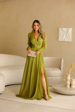 Vestido Longo Chiffon Manga Bufante
