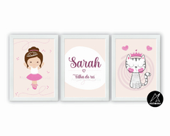 Quadros Infantis Bailarina, Nome Personalizado e Gato