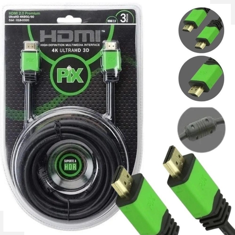 Cabo Hdmi 2.0 4k Hdr 3d Ultra Hd - 3 Metros C/ Filtro Pix