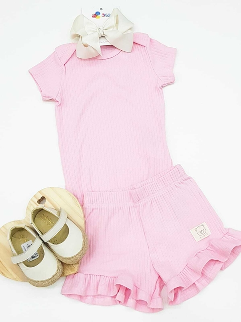 Conjunto Bebê Body E Short Canelado Rosa Kukiê 50368