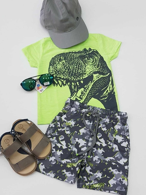 Conjunto Infantil Camiseta Dino Verde Neon E Shorts Lucboo 48445