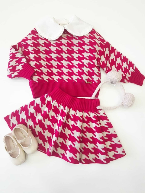 Conjunto Infantil Tricot Xadrez Pied De Poule Pink Animê P5205