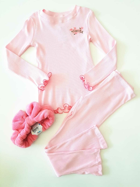 Pijama Infantil Manga Longa Malha Canelada Flower Club Rosa Have Fun 28861