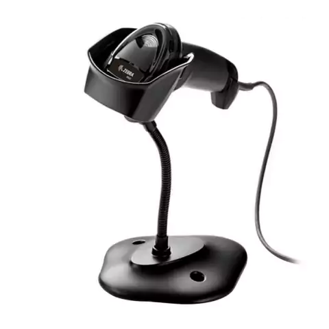 Leitor de código de barras Zebra DS2208 montado em um suporte preto.