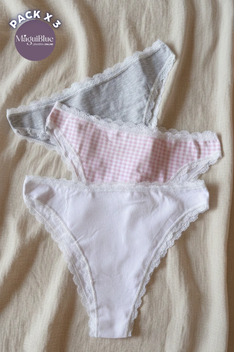 Pack x3 Vedetinas Algodón y Lycra con Puntilla BRIGITTE