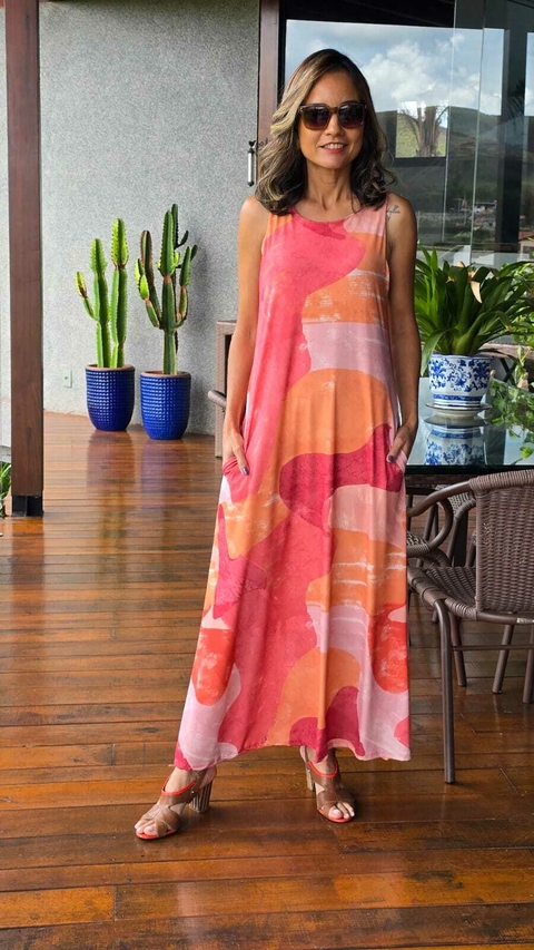 VE-0718A - Vestido regata midi em fluity coral/laranja