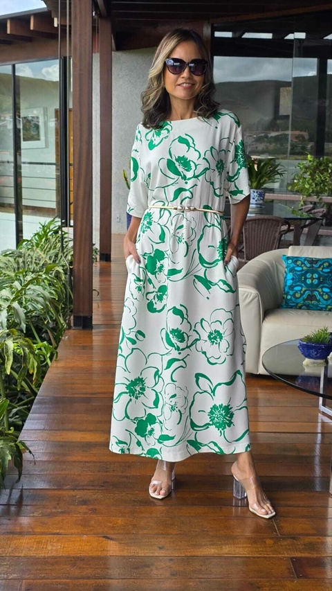 VE-0750- Vestido longo estampa floral verde fundo branco - comprar online