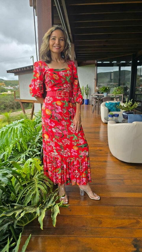 VE-0791 - Vestido longo estampa vermelho decote quadrado