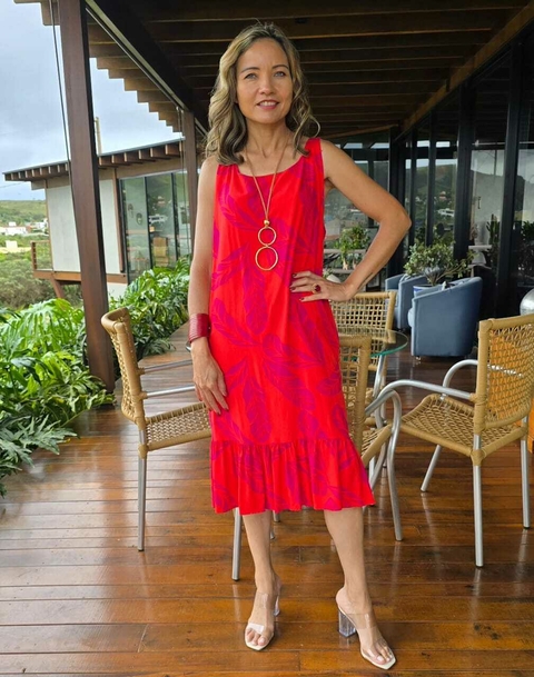 VE-0815- Vestido curto, estampa folhas, babado na barra