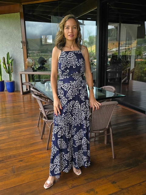 VE-0803 - Vestido longo viscose fls brancas fundo marinho, com bojo