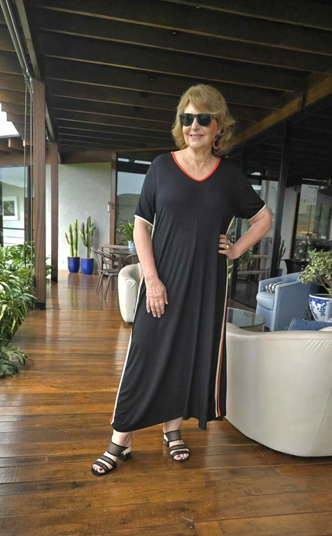 VE-0807 - Vestido midi viscolycra preta viès nas laterais laranja e off