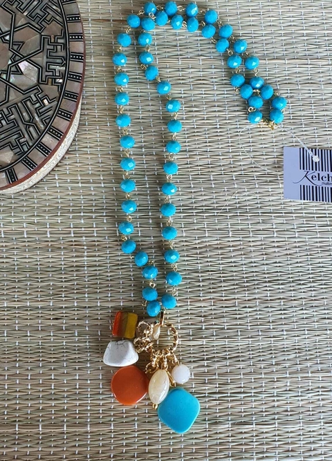 CO-0701D- Colar longo SJ cristais turqueza com penca turqueza