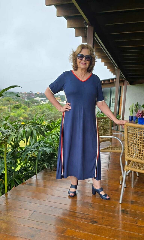 VE-0807A- Vestido midi viscolycra azul jeans viés nas laterais laranja e off