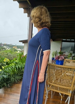 VE-0807A- Vestido midi viscolycra azul jeans viés nas laterais laranja e off - Kelch