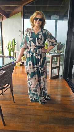 VE-0808 - Vestido longo microtule estampa abstrata tons verde - Kelch