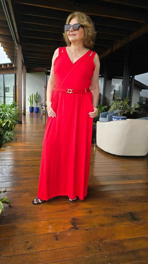 VE-0746- Vestido longo Luanda vermelho trespassado e alça dupla