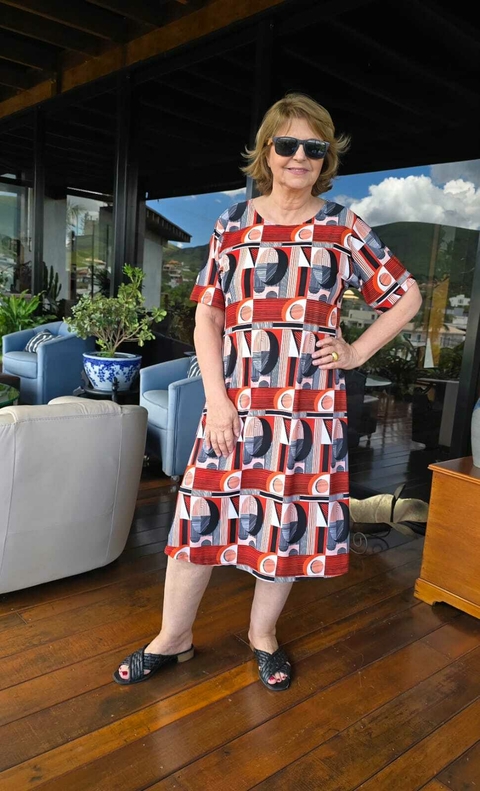 VE-0819 - Vestido longuete liganete estampa laranja/ terracota/ preto / off - comprar online