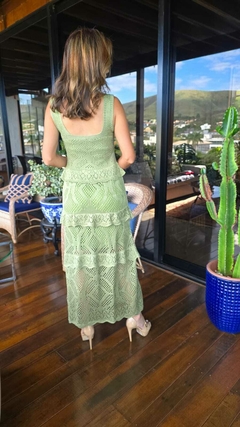 VE-0844A- Vestido longo tricot com babadinhos, verde - Kelch