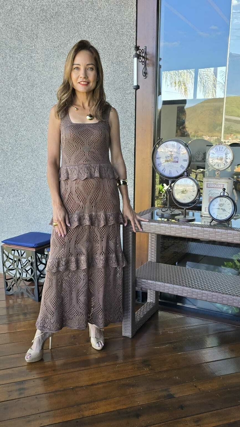 VE-0844- Vestido longo tricot com babadinhos, marrom - comprar online