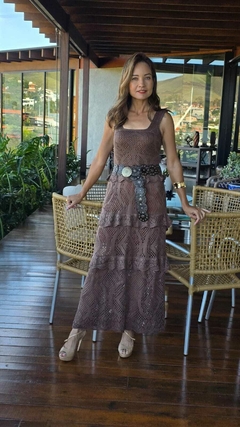 VE-0844- Vestido longo tricot com babadinhos, marrom - loja online