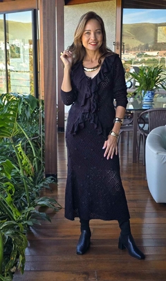 CJ-0184C- Conjunto tricot trabalhado saia e blusa de amarração, preto - Kelch